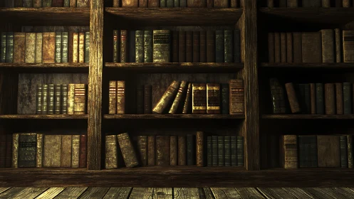 Warm wooden shelves glow softly with rows of vintage books
