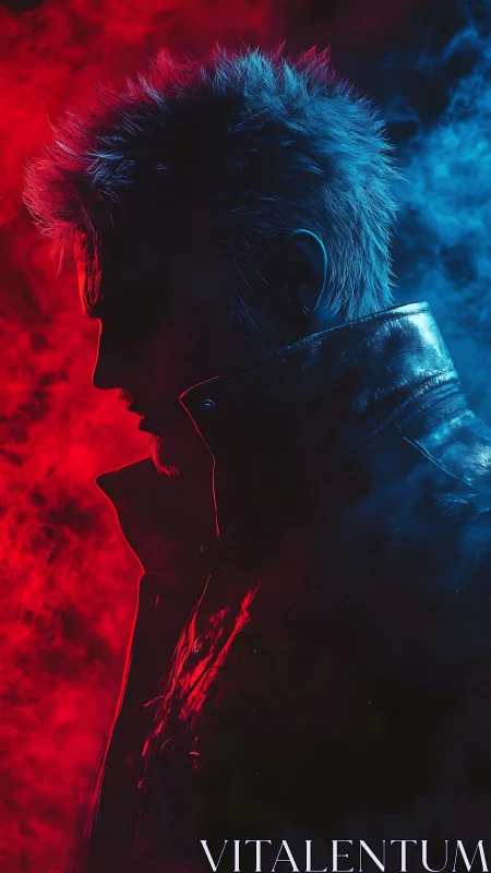 Moody neon portrait celebrates a lone figure in red and blue light