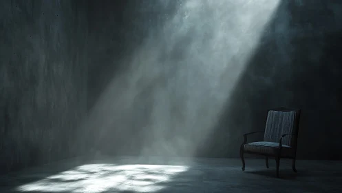 Single armchair in moody concrete room with light beam.