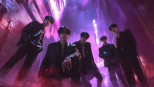 Cyberpunk boy group under neon rain in chromatic alleyway.