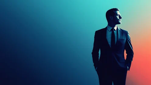 Businessman stands in suit against blue and orange gradient