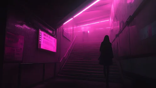 Silhouette walks up neon lit subway stairs in pink fog