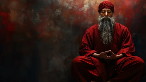 Crimson-robed mystic meditates in a storm of quiet color.