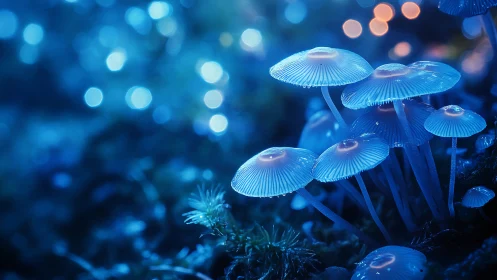 Bioluminescent mushrooms glow under deep blue forest bokeh.