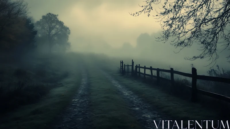 Foggy country lane with wooden fence at dawn.