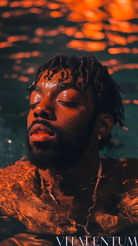 Man afloat in neon-lit water surrenders to quiet reflection