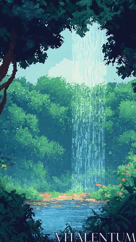 Pixel Art Waterfall: 8-bit Jungle Cascade with Luminous Water Column