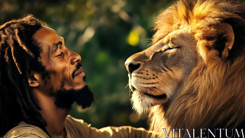 Man with dreadlocks and lion in warm golden side light.