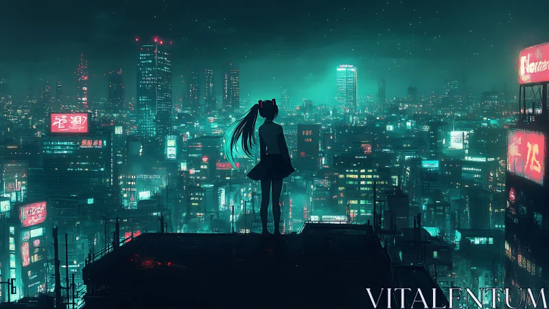 Neon-haired girl surveys teal-lit cyberpunk megacity skyline.