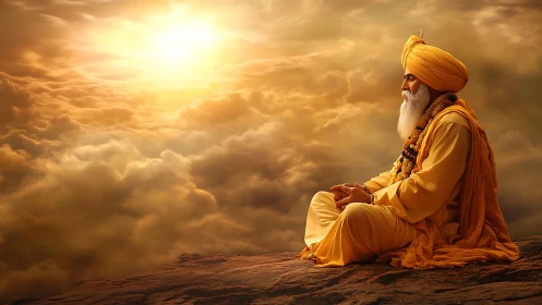 Elderly sage meditates on cliff edge under radiant golden sky