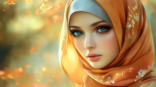 Digital painting portrait with luminous autumn headscarf focus.