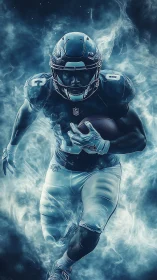 Dynamic gridiron runner in teal smoke, high-contrast lighting