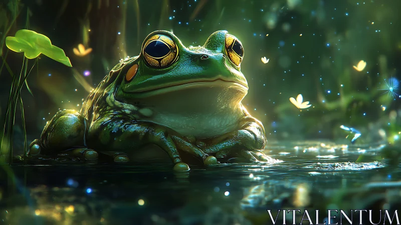 Majestic frog rests in glowing pond with firefly lights.