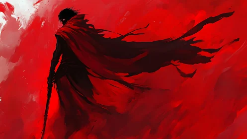 Lone warrior silhouette stands cloaked in violent crimson storm