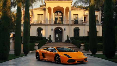 Orange sports car is parked before symmetrical villa fa&ccedil;ade