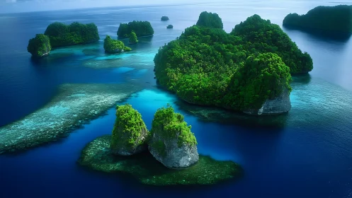 Limestone islands with tropical vegetation surrounded by turquoise water.