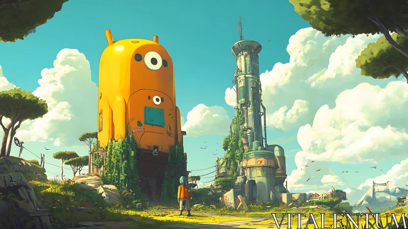 Orange tower structure beside tall sci‑fi tower in field.