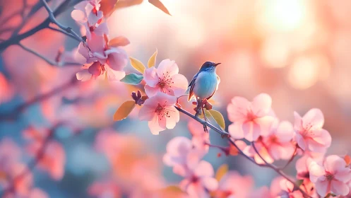 Backlit songbird perched amid shallow-depth pastel blossom bokeh