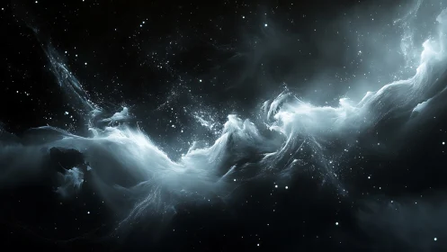 Diffuse luminous nebula structure in dark interstellar space.