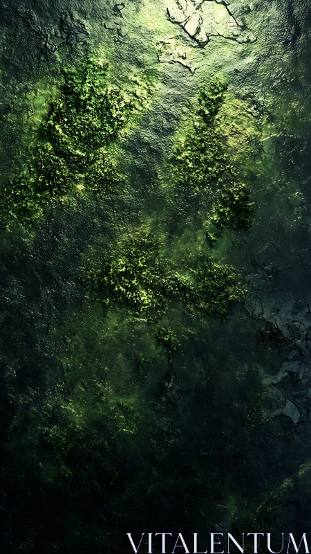 Mossy stone texture under dappled green forest light.