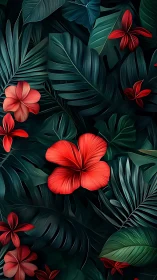 Vibrant Red Flowers Against Moody Tropical Foliage.