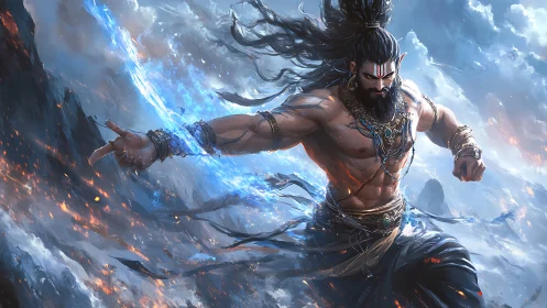 Mythic warrior channels storm energy in icy landscape.