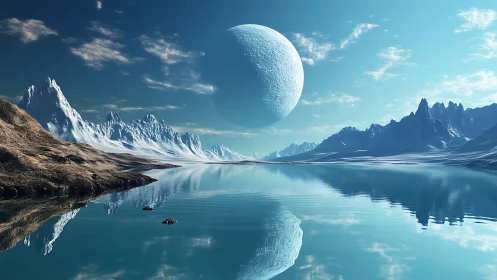 Glacial exoplanet bay under looming frozen moon reflection.