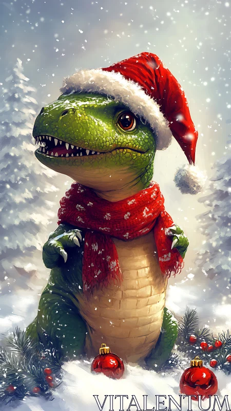 Festive baby dinosaur in red Santa hat amid snowy forest.
