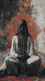 Calm robed figure resting in rich patterned stillness.