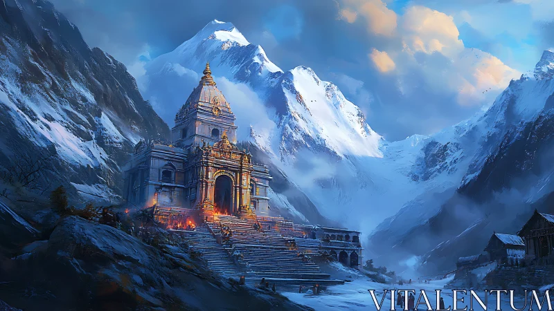 Snowy mountain temple glows warmly against towering peaks