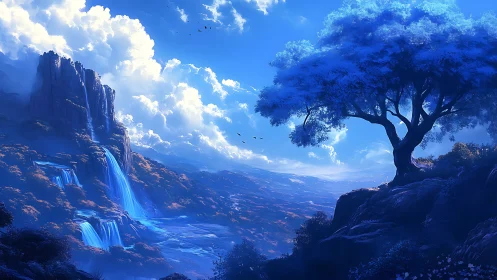 Moonlit azure valley and whispering waterfalls in hush.