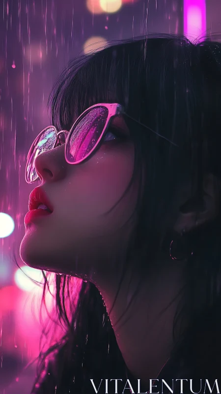 Woman in neon rain with reflective sunglasses at night.