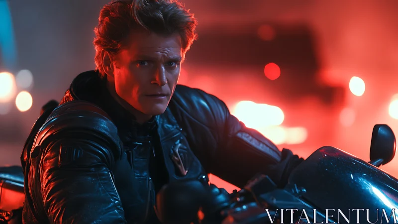 Cinematic rider in leather jacket under neon bokeh lights