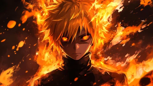 Male anime subject with fiery hair in orange flames.