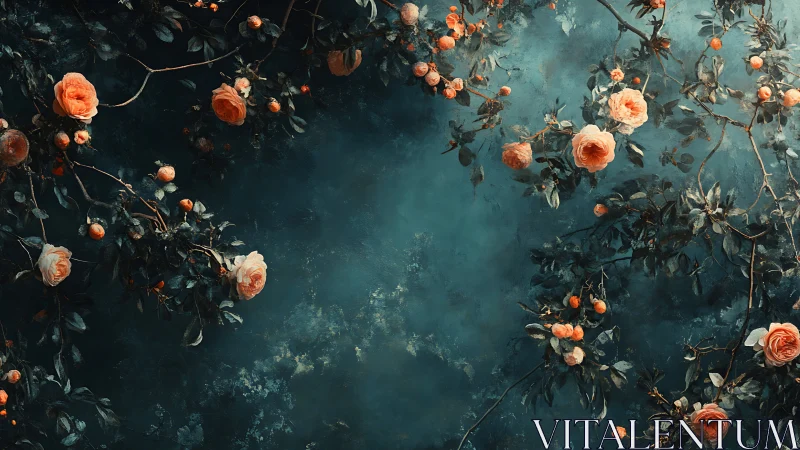 Coral Roses in Teal: A Moody Garden Dream.
