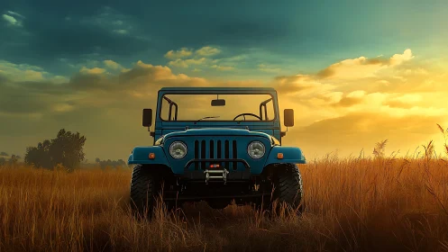 Blue off-road jeep in golden field at dramatic sunset.