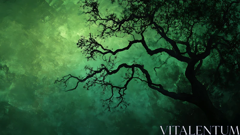 Silhouette of Twisted Tree Branches Against Ethereal Green Background.