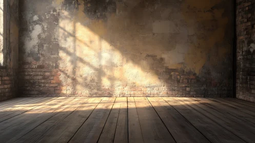 Sunlit empty industrial room with worn brick walls.