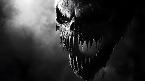 Nightmarish fanged skull looms from dense swirling shadow.