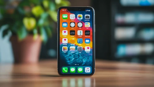 iPhone Home Screen Display with Colorful Apps and Natural Background