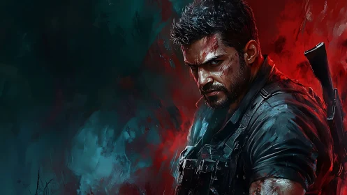 Armed tactical male portrait in red and teal digital art.