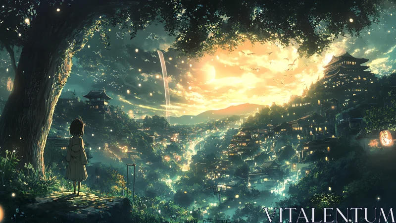 Twilight fireflies guide a cloaked wanderer above lantern valleys