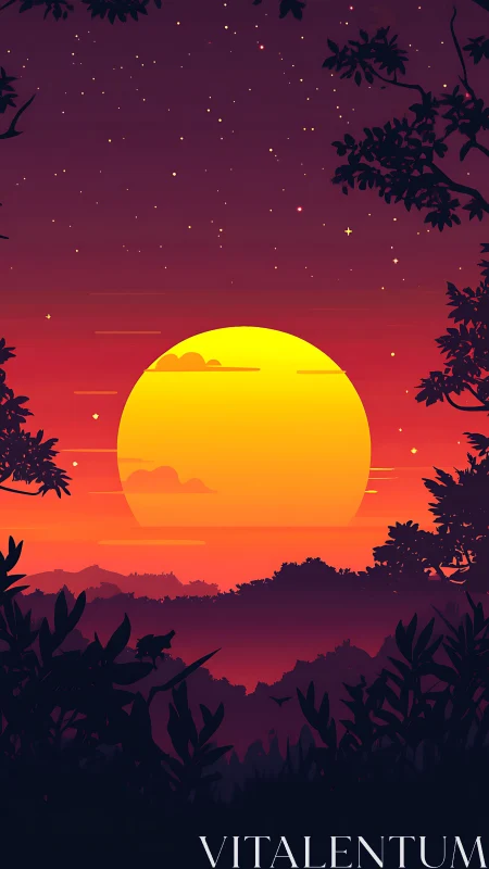 Layered tropical sunset silhouette with luminous gradient sun.