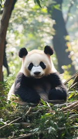 Giant panda seated among bamboo in a forest habitat.