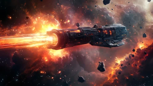 Star-cracked dreadnought knifes through a molten asteroid storm