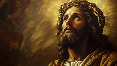 Portrait of sorrowful bearded man wearing a thorn crown