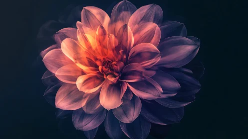 Luminous Dahlia with Radiant Core Against Dark Background.