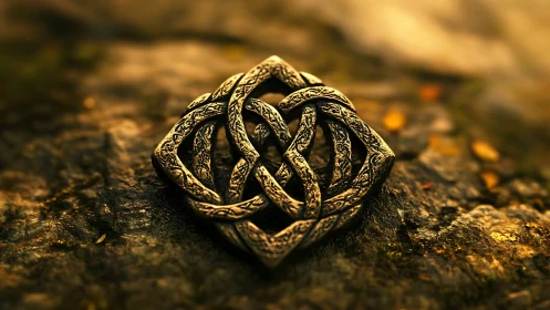 Ancient knotwork relic glows softly on weathered stone.