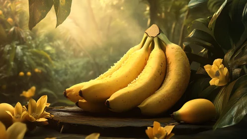 Ripe bananas arranged on wooden surface in lush jungle.