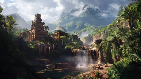 Digital painting of jungle temple complex with cascading falls.